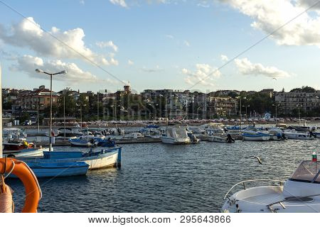 Chernomorets, Bulgaria - August 11, 2018:  Amazing Sunset Seascape Of Port Of Chernomorets, Burgas R