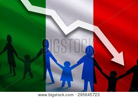 Italy Flag Background Of The Arrow Chart Down. Decrease In The Number Of The Country's Rape. Fertili