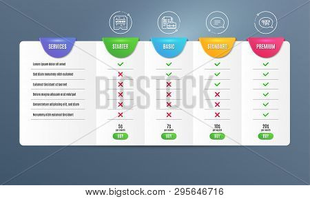 Chat, Winner Ticket And Vacancy Icons Simple Set. Comparison Table. Quickstart Guide Sign. Speech Bu