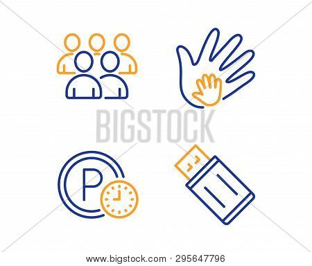 Parking Time, Group And Social Responsibility Icons Simple Set. Usb Flash Sign. Park Clock, Develope
