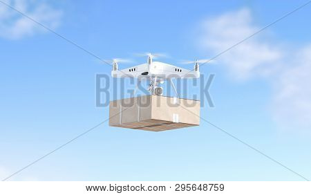 Blank White Robot On Sky Background With Box Mock Up, Side View, 3d Rendering. Empty Wireless Helico