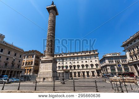 Rome, Italy - June 23, 2017: Amazing View Of Marcus Aurelius Column In Front Of Palazzo Chigi In Cit