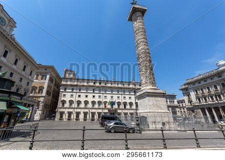 Rome, Italy - June 23, 2017: Amazing View Of Marcus Aurelius Column In Front Of Palazzo Chigi In Cit