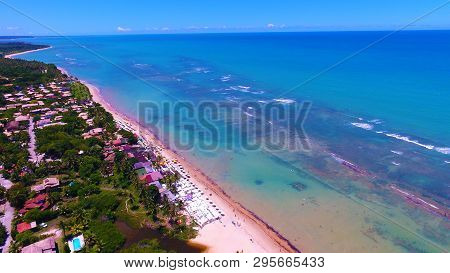 Aerial View Of Arraial Dajuda Beach, Porto Seguro, Bahia, Brazil. Beauty Landscape With Several Palm