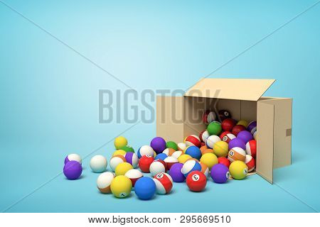 3d Rendering Of Cardboard Box Lying Sidelong With Colorful Snooker Balls Inside And In Front Of It O
