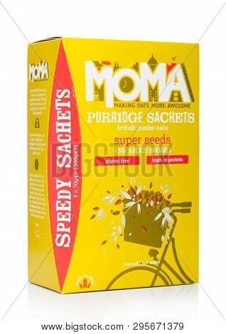 London, Uk - April 15, 2019: Box Of Moma Porridge With Seeds No Added Sugar And Gluten Free On White