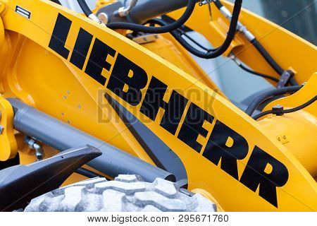Munich / Germany - April 14, 2019: Liebherr Logo On A Digger Arm At A Liebherr Machine Dealer.