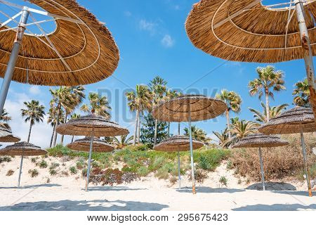 Reed Beach Umbrellas, Sunshades Against Blue Sky On The Beach. Bamboo Parasols, Straw Umbrellas On O