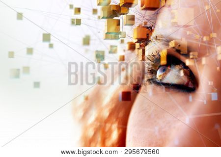 Woman Face And Cubes Connected Partner And Networking Design. Internet And Data Communication.futuri