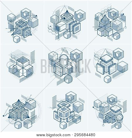 Vector Backgrounds With Abstract Isometric Lines And Figures. Templates Made With Cubes, Hexagons, S
