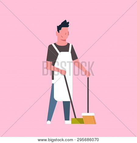 Man Sweeping Floor With Broom And Scoop Guy Doing Housework House Cleaning Concept Male Cartoon Char