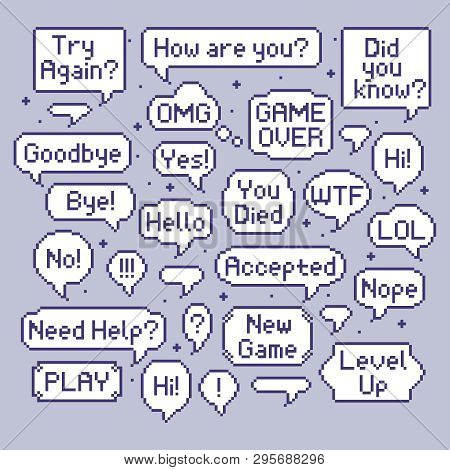 Pixel Speech Bubbles. Video Game Talk Balloon, Retro 8 Bit Speech Bubble And Computer Games Speak Ve