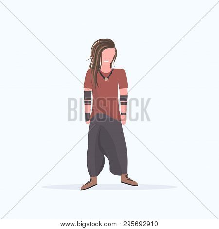 Happy Long Haired Man Hippie Standing Pose Smiling Guy Wearing Trendy Clothes Male Cartoon Character