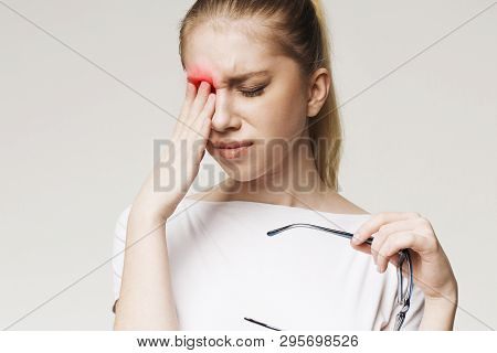 Astigmatism. Crying Woman Suffering From Eye Pain, Touching Her Inflamed Zone