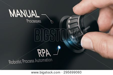 Hand Turning A Knob Over Dark Grey Background And Selecting Rpa (robotic Process Automation) Mode. A