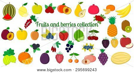 Set Of Fruits And Berries Collection, Mega Icon Set Of Forty Six Elements On White Background. For Y
