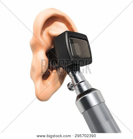 Otoscope With Human Ear, 3d Rendering Isolated On White Background
