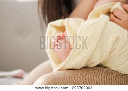 Cute Baby Feets Wrapped In Towel, Close Up