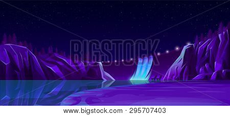 Power Dam At Night. Hydroelectric Weir With Road Lights, Rocks And Discharge Flood Water Falling Int