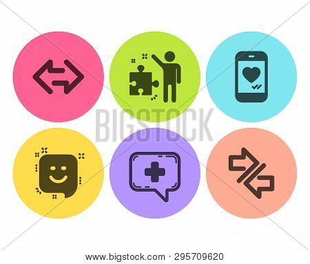 Sync, Smile And Love Chat Icons Simple Set. Medical Chat, Strategy And Synchronize Signs. Synchroniz