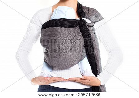 Babywearing Instructor Cheking Baby Feets Level After Ring Sling Wrap Job