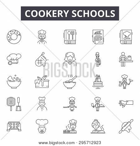 Cookery Schools Line Icons, Signs Set, Vector. Cookery Schools Outline Concept, Illustration: Chef, 
