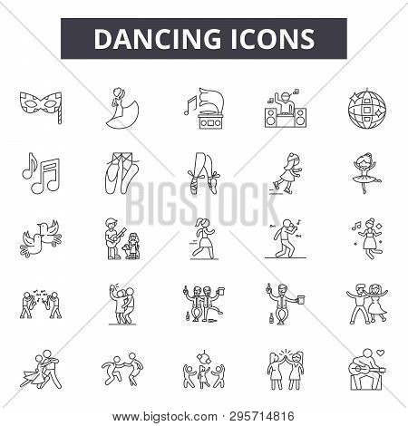 Dancing Line Icons, Signs Set, Vector. Dancing Outline Concept, Illustration: Dance, Silhouette, Par