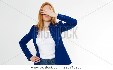 Cute, Young Beautiful Red Hair Woman Do Facepalm. Redhead Girl Headache Failed To Upset Business Fac
