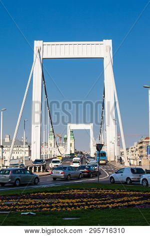 Budapest, Hungary - April, 2018: Elisabeth Bridge And The Parochial Church Of The Assumption Of The