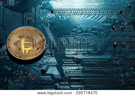 Bitcoin Golden Coin Lying On Microscheme;