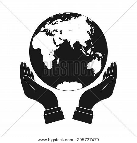 Hand With Outstretched Palms Holds The Globe, The Globe Above The Outstretched Palms, Flat Design