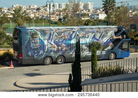 Lagos, Portugal - April, 13, 2019: Coach Parked Outside The Cascada Wellness Resort Where The Squad 