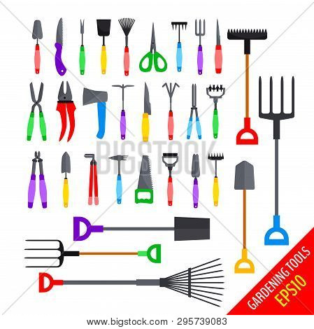 Set Of Various Gardening Tools Isolated On White Background. Colorful Garden Tool Kit. Vector Illust