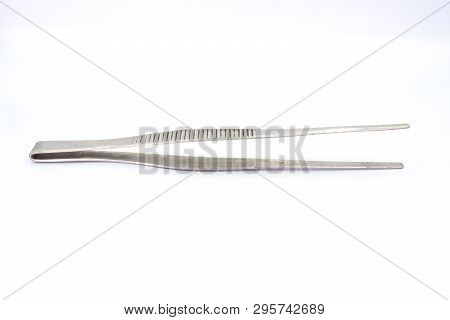 Closeup Of Dirty Medical Pincette Isolated On White Background. High Resolution Image Gallery.