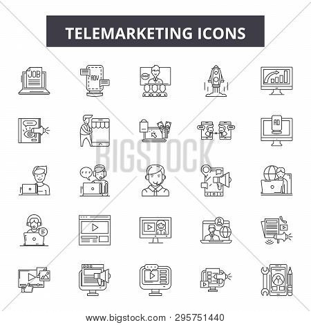 Telemarketing Line Icons, Signs Set, Vector. Telemarketing Outline Concept, Illustration: Telemarket