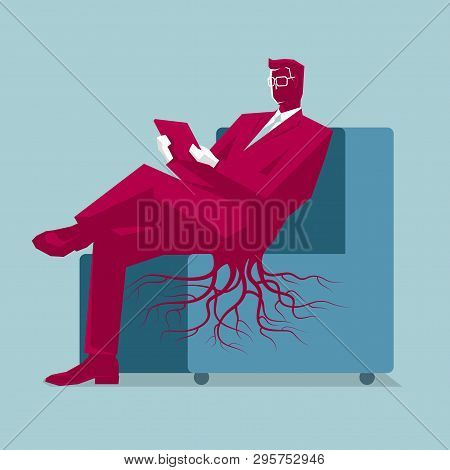Sedentary Businessman. Unhealthy Life. Isolated On Blue Background.