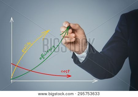 Businessman Drawing Efficiency Graph On Virtual Screen Against Color Background, Closeup