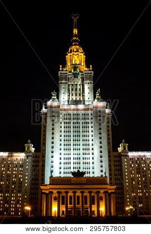 Moscow, Russia - September 2015: The Building And Territory Of Moscow State University At Night