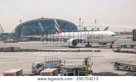 Dubai, United Arab Emirates- August, 22, 2016: Pushback Of A Boeing 777 Emirates Plane At Dubai
