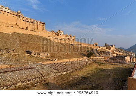 Amber Fort And Palace In Maotha Lake. Jaipur. Rajasthan. India