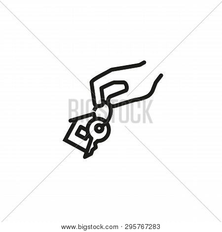 Hand Holding Key Line Icon. Giving Key With House Shaped Trinket. Real Estate Concept. Vector Illust