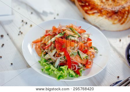 Vegetable Salad On The White Plate, Great Image For Your Needs. Achik Chukchuk Salad With Tomatoes A