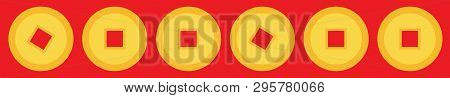 Chinese Coin Set Line. Pattern China Gold Money Square Centre. Golden Coin With Hole. Happy New Year