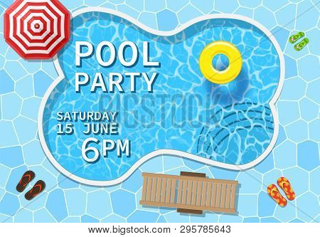 Pool Party Invitation With Top View Of Pool. Flyer Of Pool Party. Vector Poster For Party. Vector Il