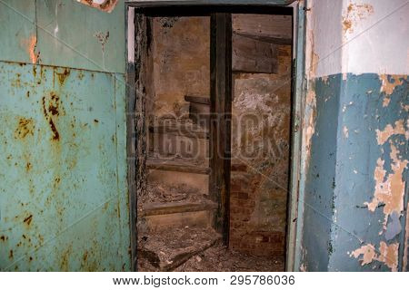 A Small Spiral Staircase To A Hidden Room. Abandoned Gurievskaya Agricultural School. The Building O