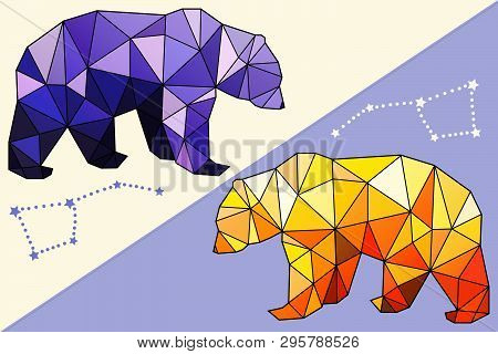 Two Vector Illustration Animals. Polygon, Lowpoly. Bear And Big Dipper Constellation. Isolated Objec