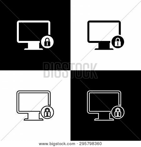 Set Lock On Computer Monitor Screen Icons Isolated On Black And White Background. Monitor And Padloc