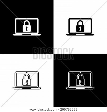 Set Laptop And Lock Icons Isolated On Black And White Background. Computer And Padlock. Security, Sa