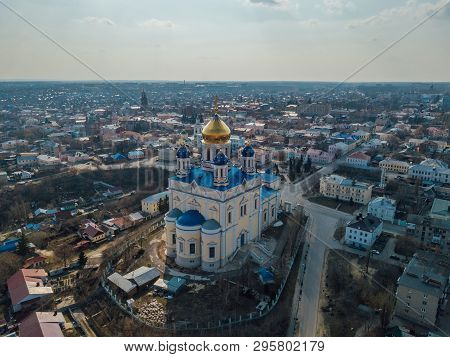 Aerial View From Drone Of Ascension Cathedral In Yelets, Lipetsk Region, Russia