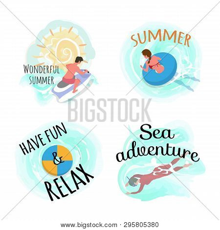 Sweet Summer Vector, Have Fun And Relax Set Of People. Man Riding Bike, Motor Jetski Water Splashes.